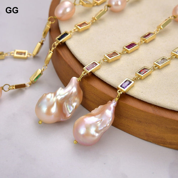Cultured Pink Keshi Pearl Mixed Color Rectangle Cz Pave Long Chain Necklace sweater chain necklace for women - LeisFita.com