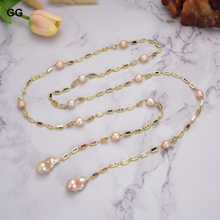Cultured Pink Keshi Pearl Mixed Color Rectangle Cz Pave Long Chain Necklace sweater chain necklace for women - LeisFita.com