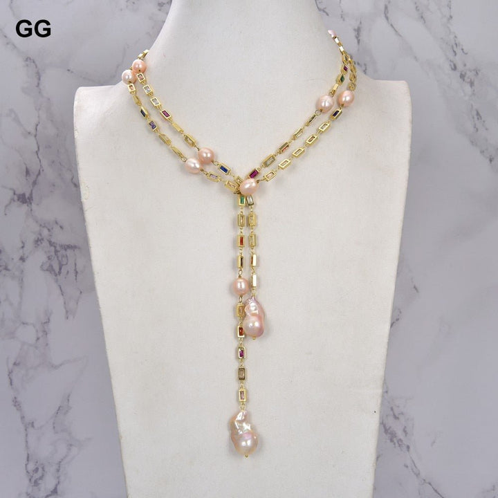 Cultured Pink Keshi Pearl Mixed Color Rectangle Cz Pave Long Chain Necklace sweater chain necklace for women - LeisFita.com