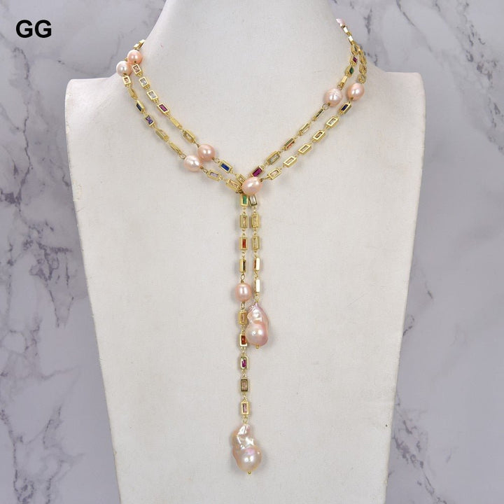 Cultured Pink Keshi Pearl Mixed Color Rectangle Cz Pave Long Chain Necklace sweater chain necklace for women - LeisFita.com