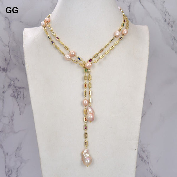 Cultured Pink Keshi Pearl Mixed Color Rectangle Cz Pave Long Chain Necklace sweater chain necklace for women - LeisFita.com