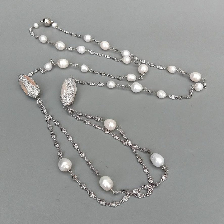 Cultured White Biwa Pearl Cz Pave Rosary Chain Necklace Long Fashion Jewelry 40&quot; - LeisFita.com
