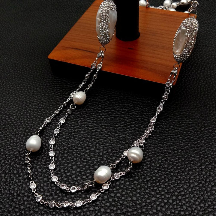 Cultured White Biwa Pearl Cz Pave Rosary Chain Necklace Long Fashion Jewelry 40&quot; - LeisFita.com