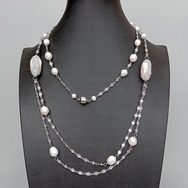 Cultured White Biwa Pearl Cz Pave Rosary Chain Necklace Long Fashion Jewelry 40&quot; - LeisFita.com