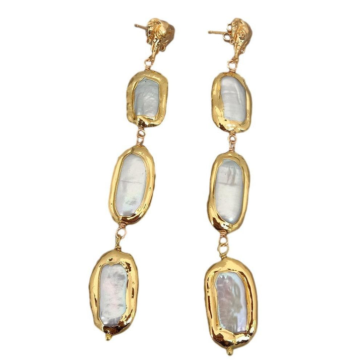 Cultured White Biwa Pearl With Electroplated Edge Dangle Stud Earrings - LeisFita.com