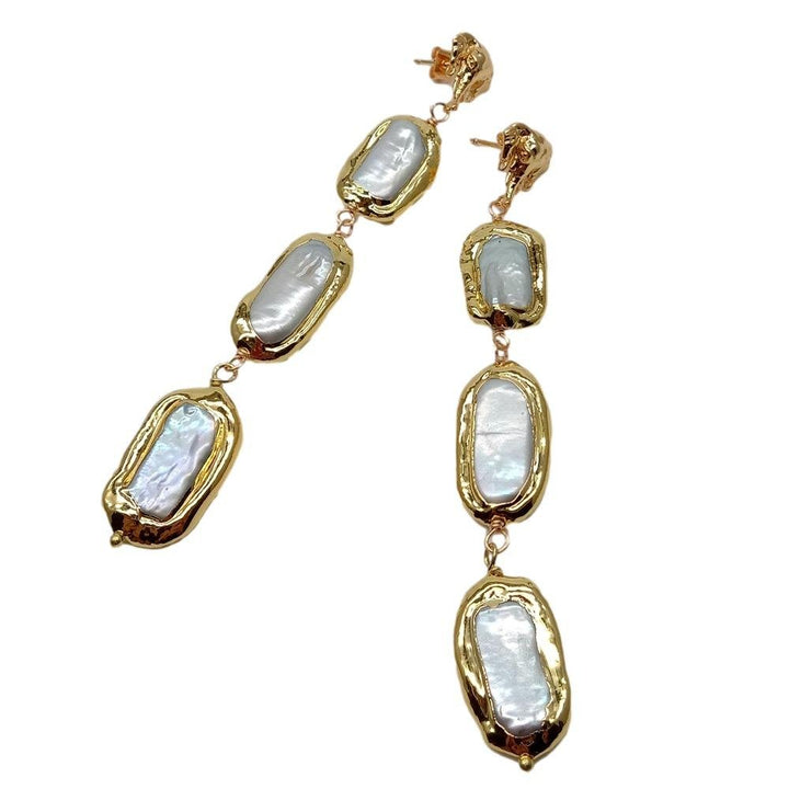 Cultured White Biwa Pearl With Electroplated Edge Dangle Stud Earrings - LeisFita.com