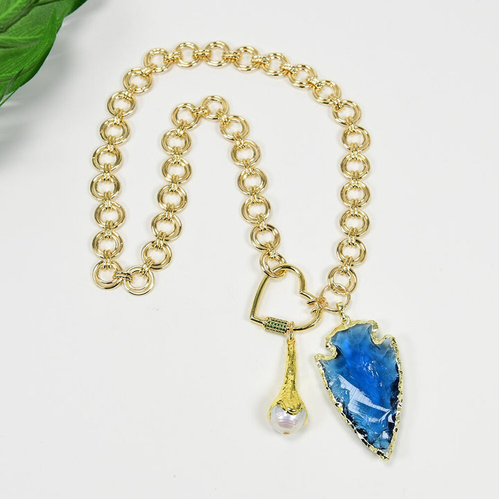 Cultured White Keshi Pearl Gold Plated Fashion Chain Necklace Blue Glass Rough Arrow Pendant Handmade For Lady Gifts - LeisFita.com