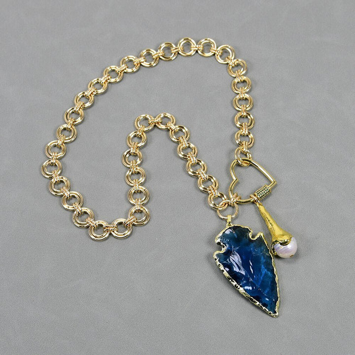 Cultured White Keshi Pearl Gold Plated Fashion Chain Necklace Blue Glass Rough Arrow Pendant Handmade For Lady Gifts - LeisFita.com