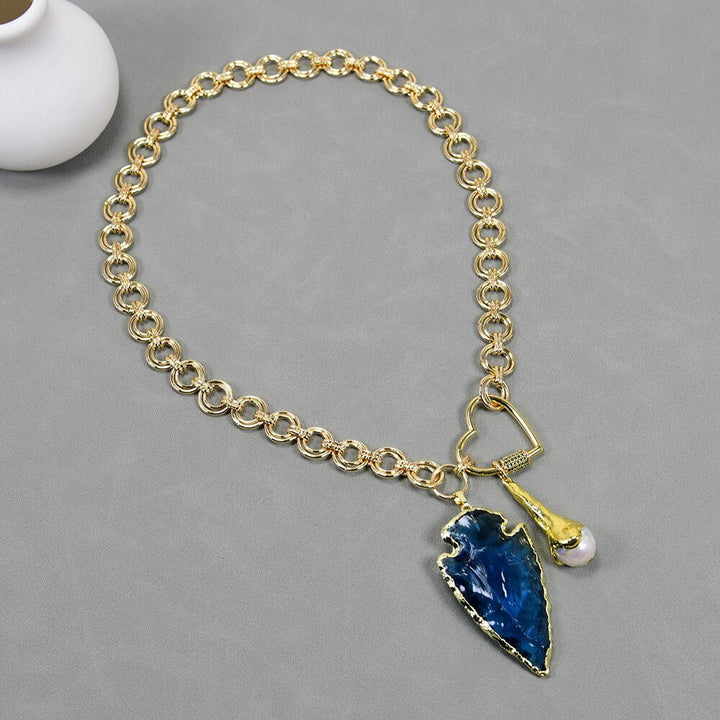 Cultured White Keshi Pearl Gold Plated Fashion Chain Necklace Blue Glass Rough Arrow Pendant Handmade For Lady Gifts - LeisFita.com