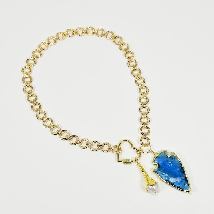 Cultured White Keshi Pearl Gold Plated Fashion Chain Necklace Blue Glass Rough Arrow Pendant Handmade For Lady Gifts - LeisFita.com