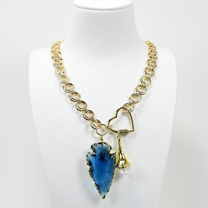 Cultured White Keshi Pearl Gold Plated Fashion Chain Necklace Blue Glass Rough Arrow Pendant Handmade For Lady Gifts - LeisFita.com