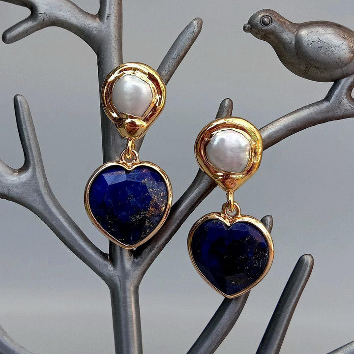 Cultured White Pearl Blue Lapis Heart Shaped Drop Stud Earrings Fashion Natural Stone Jewelry - LeisFita.com