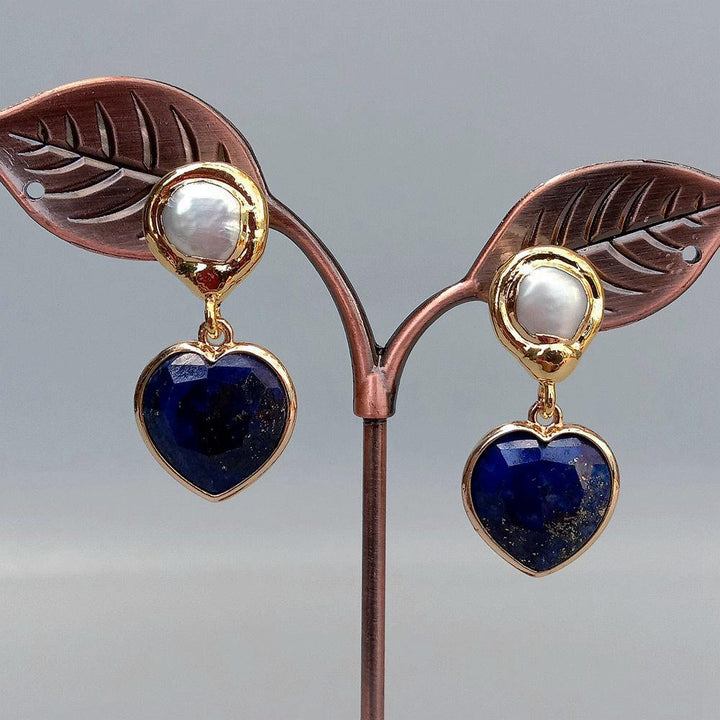 Cultured White Pearl Blue Lapis Heart Shaped Drop Stud Earrings Fashion Natural Stone Jewelry - LeisFita.com