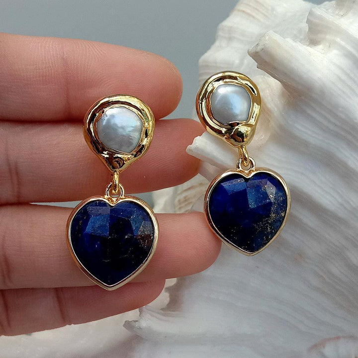 Cultured White Pearl Blue Lapis Heart Shaped Drop Stud Earrings Fashion Natural Stone Jewelry - LeisFita.com