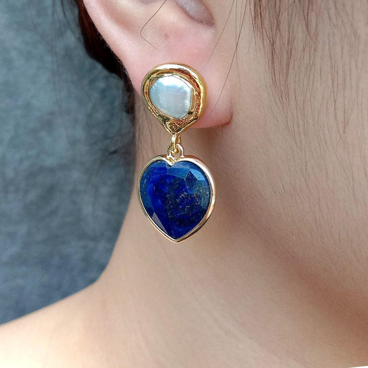 Cultured White Pearl Blue Lapis Heart Shaped Drop Stud Earrings Fashion Natural Stone Jewelry - LeisFita.com