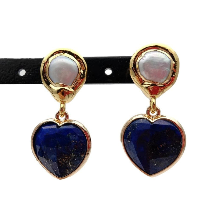 Cultured White Pearl Blue Lapis Heart Shaped Drop Stud Earrings Fashion Natural Stone Jewelry - LeisFita.com