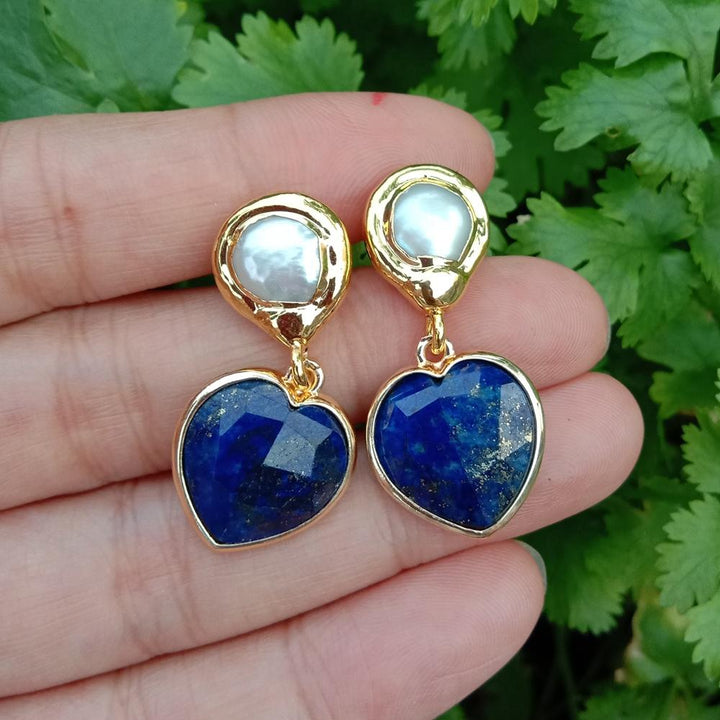 Cultured White Pearl Blue Lapis Heart Shaped Drop Stud Earrings Fashion Natural Stone Jewelry - LeisFita.com