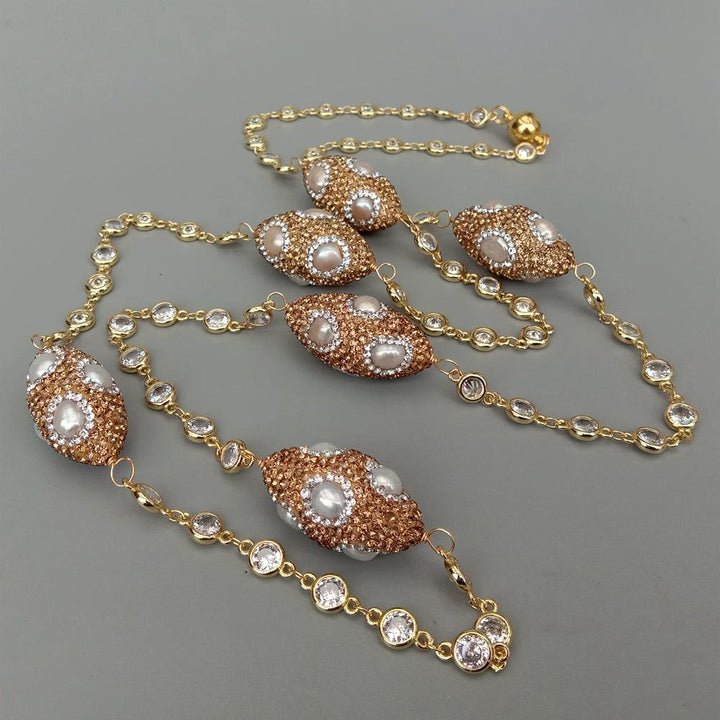 Cultured White Pearl Crystal Pave Station Necklace Gold Plated Cz Chain 39&quot; - LeisFita.com