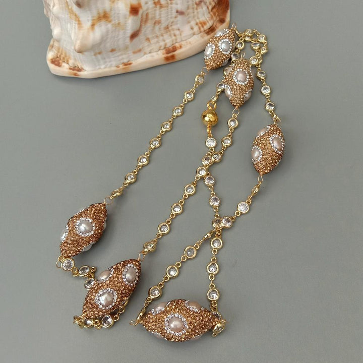 Cultured White Pearl Crystal Pave Station Necklace Gold Plated Cz Chain 39&quot; - LeisFita.com