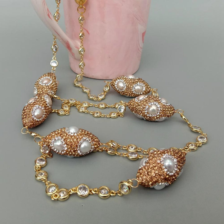 Cultured White Pearl Crystal Pave Station Necklace Gold Plated Cz Chain 39&quot; - LeisFita.com