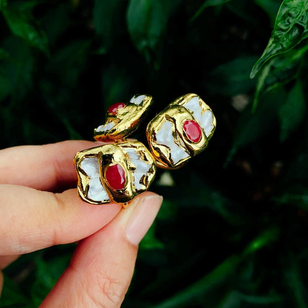 Cultured White Pearl Red Agate Rings Jewelry Adjustable Female Rings - LeisFita.com