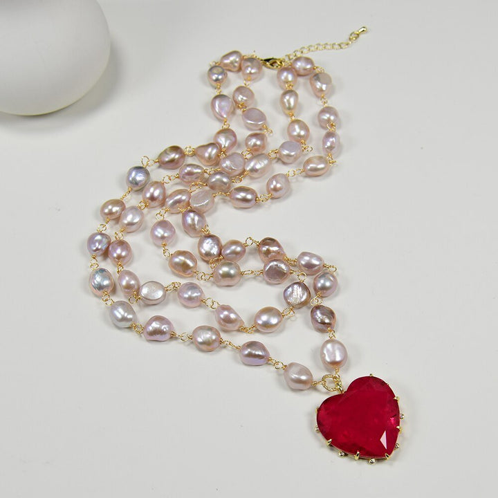 Double Rows Freshwater Cultured Purple Keshi Baroque Pearl Chain Necklace Red Quartz Crystal Heart Pendant Jewelry Gifts - LeisFita.com