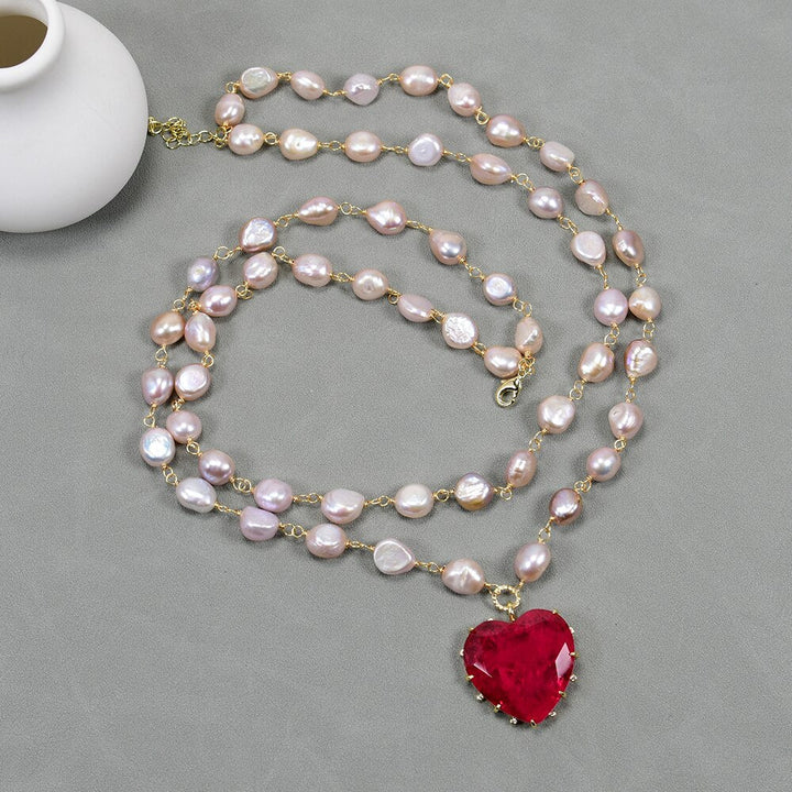 Double Rows Freshwater Cultured Purple Keshi Baroque Pearl Chain Necklace Red Quartz Crystal Heart Pendant Jewelry Gifts - LeisFita.com