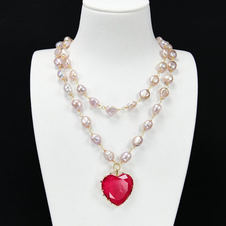 Double Rows Freshwater Cultured Purple Keshi Baroque Pearl Chain Necklace Red Quartz Crystal Heart Pendant Jewelry Gifts - LeisFita.com