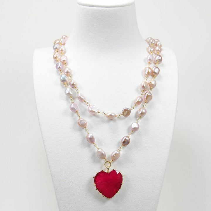 Double Rows Freshwater Cultured Purple Keshi Baroque Pearl Chain Necklace Red Quartz Crystal Heart Pendant Jewelry Gifts - LeisFita.com