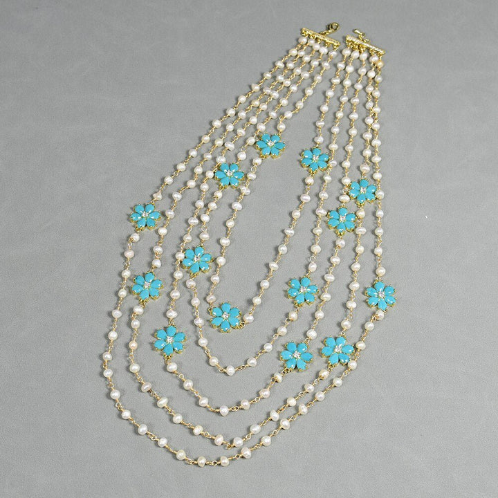 Five Rows Natural White Pearl Chain Necklace Gold Plated Blue Jade Crystal Pave Flower Connector Fashionable Jewelry - LeisFita.com