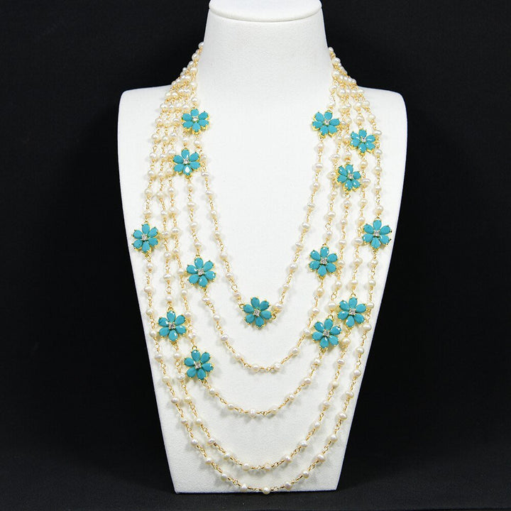 Five Rows Natural White Pearl Chain Necklace Gold Plated Blue Jade Crystal Pave Flower Connector Fashionable Jewelry - LeisFita.com