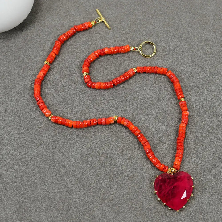 Freedom Wheel Orange Coral Gems Stone Necklace Red Crystal Heart Shape Pendant Charm Choker Necklace Pendant Jewelry Gifts - LeisFita.com