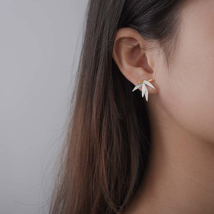 Fresh Bamboo Leaves Stud Earrings for Women Real 925 Sterling Silver Original Modern Jewelry 2022 Trend New - LeisFita.com