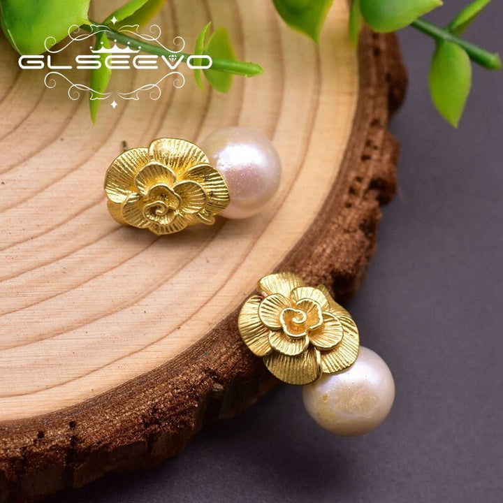 Fresh Water White Pearls Metal Flower Vintage Drop Earrings For Women Anniversary Silver 925 Ear Pin Fine Jewelry GE0946 - LeisFita.com