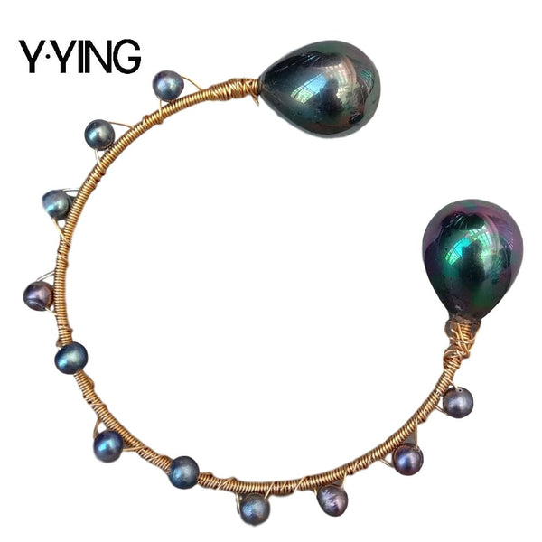 Freshwater Black Pearl Teardrop Sea Shell Pearl Bangle Bracelet - LeisFita.com