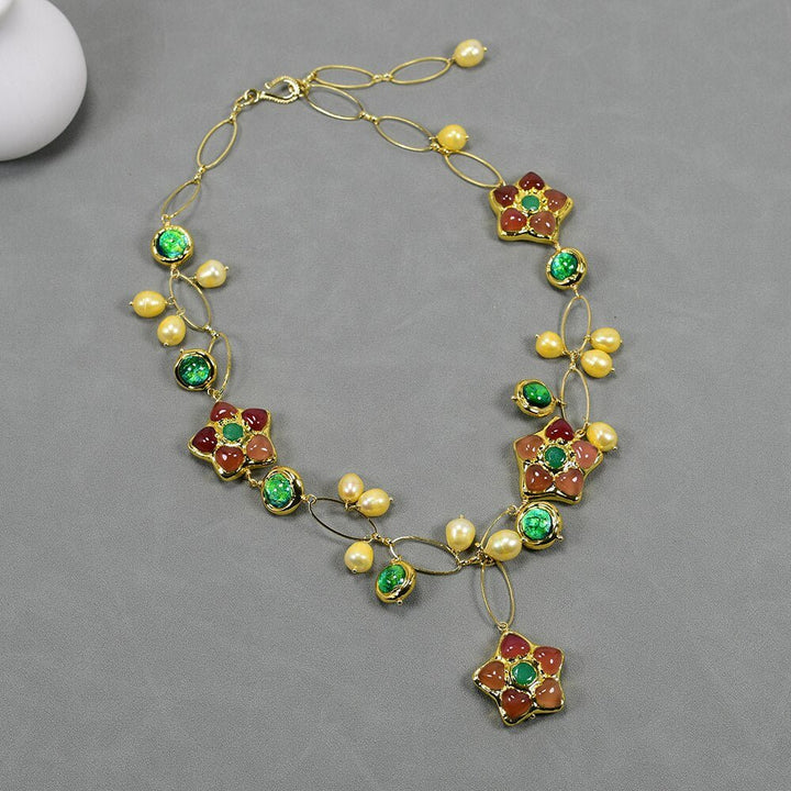 Freshwater Cultured Gold Rice Pearl Green Murano Glass Orange Agate Jade Paved Necklace Lady Simple Jewelry Gifts - LeisFita.com