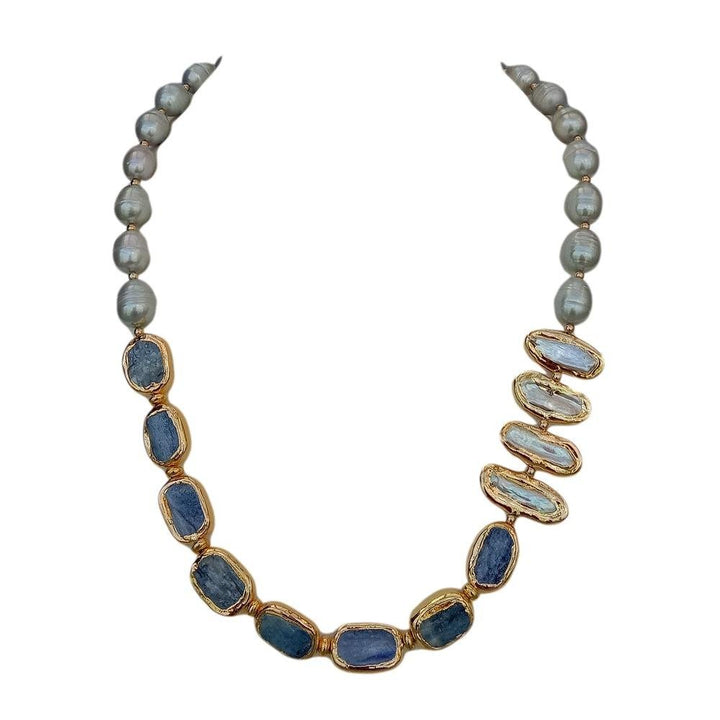 Freshwater Cultured Gray Rice Pearl White Biwa Pearl Blue Kyanites Necklace 23&quot; - LeisFita.com