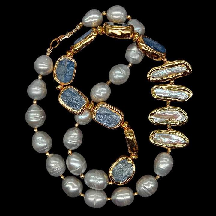 Freshwater Cultured Gray Rice Pearl White Biwa Pearl Blue Kyanites Necklace 23&quot; - LeisFita.com