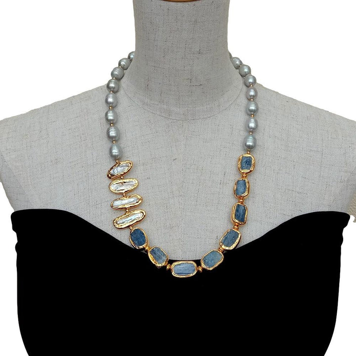 Freshwater Cultured Gray Rice Pearl White Biwa Pearl Blue Kyanites Necklace 23&quot; - LeisFita.com