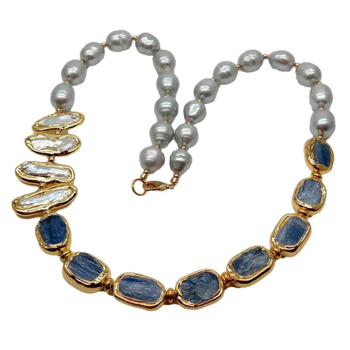 Freshwater Cultured Gray Rice Pearl White Biwa Pearl Blue Kyanites Necklace 23&quot; - LeisFita.com