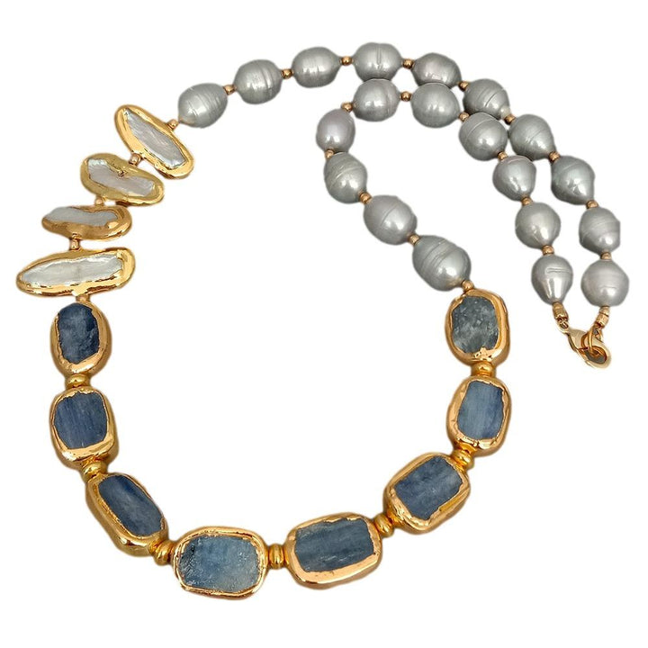 Freshwater Cultured Gray Rice Pearl White Biwa Pearl Blue Kyanites Necklace 23&quot; - LeisFita.com