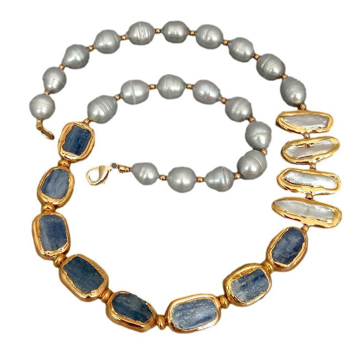 Freshwater Cultured Gray Rice Pearl White Biwa Pearl Blue Kyanites Necklace 23&quot; - LeisFita.com