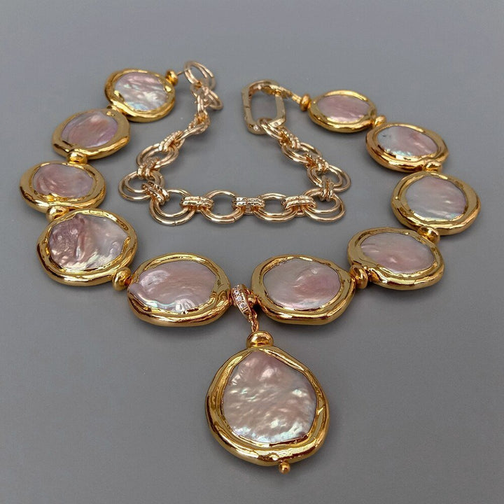 Freshwater Cultured Pink Keshi Coin Pearl 21mm Pendant Gold Plated Chain Necklace 18" - LeisFita.com