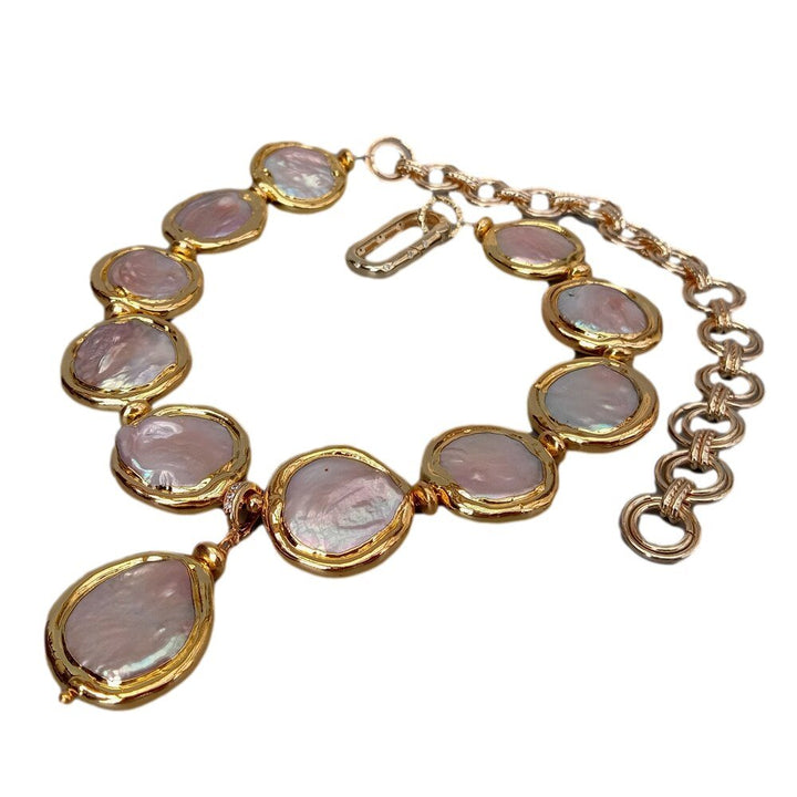 Freshwater Cultured Pink Keshi Coin Pearl 21mm Pendant Gold Plated Chain Necklace 18" - LeisFita.com