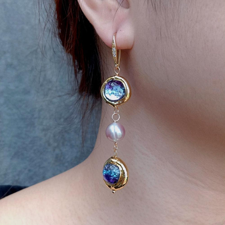 Freshwater Cultured Purple Pearl Murano Glass Dangle Long Hook Earrings - LeisFita.com