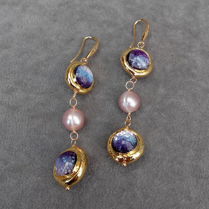 Freshwater Cultured Purple Pearl Murano Glass Dangle Long Hook Earrings - LeisFita.com