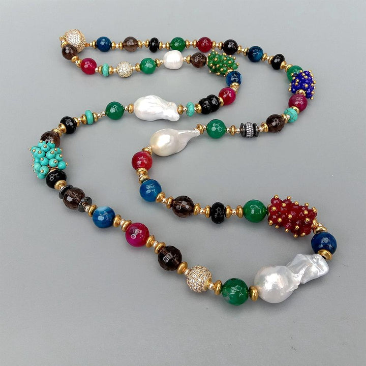 Freshwater Cultured White Keshi Pearl Smoky Quartz Agate Turquoise Long Necklace 33&quot; - LeisFita.com