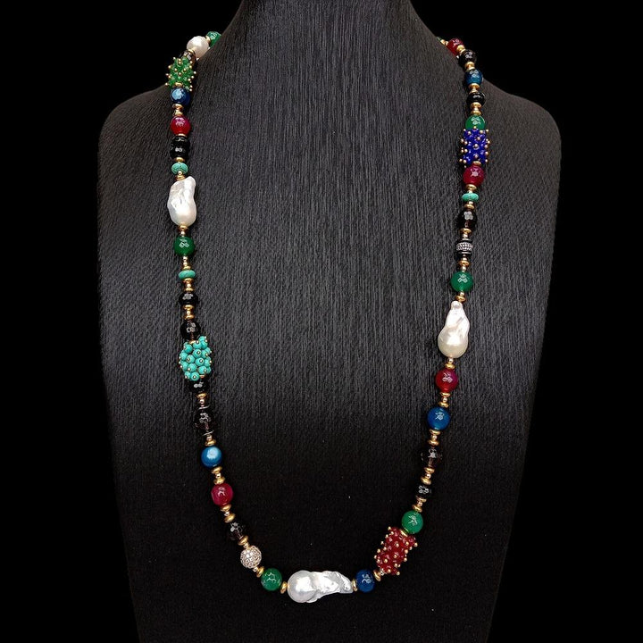 Freshwater Cultured White Keshi Pearl Smoky Quartz Agate Turquoise Long Necklace 33&quot; - LeisFita.com