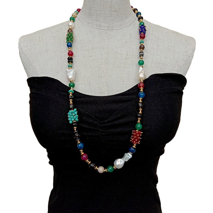 Freshwater Cultured White Keshi Pearl Smoky Quartz Agate Turquoise Long Necklace 33&quot; - LeisFita.com