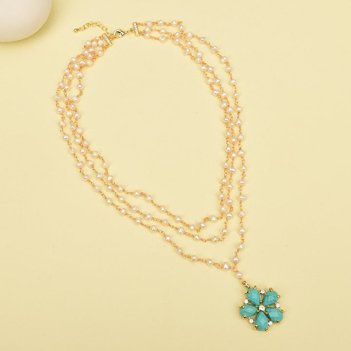 Freshwater Cultured White Pearl Rosary Chain Necklace Blue Turquoise Flower Gold Plated CZ Paved Charms Pendant - LeisFita.com